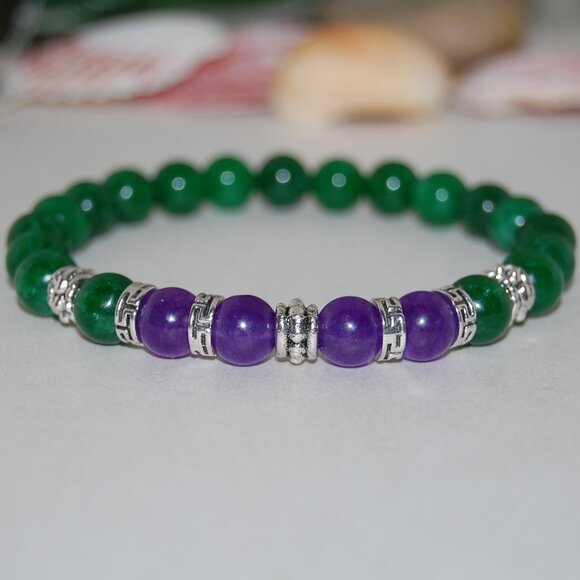Jade Bracelet,Jade and Amethyst Beads,Green Jade Bracelet - Picture 2 of 2